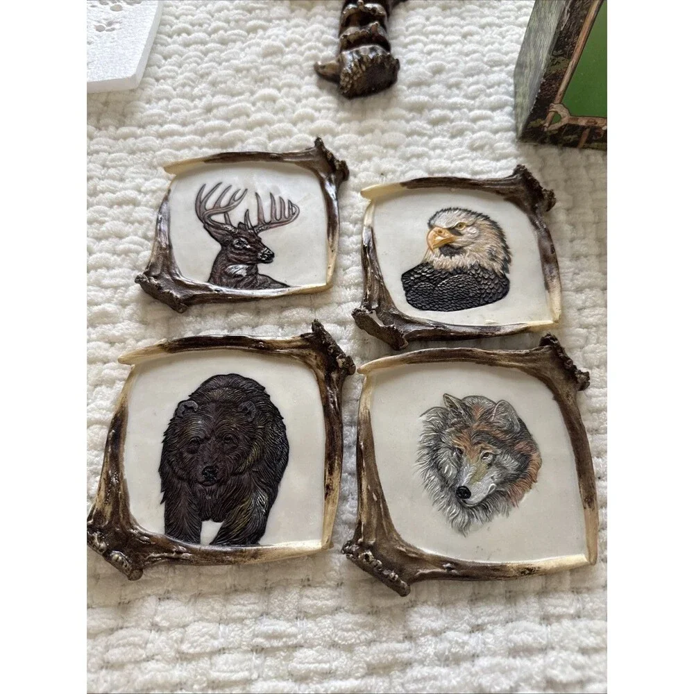 vintage picture-etched wildlife coaster set Bear,Eagle,Deer,Wolf New